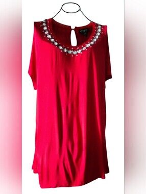 Lord & Taylor Bright Red Tunic with Pearl & Jewel Neckline Size 1X